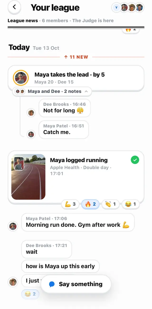 Your league's news for today: Maya takes the lead by 5, notes from Dee and Maya, and Maya's run with reactions.